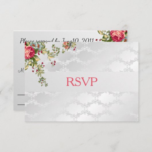 シルバーダマスクウェディングRSVPフローラ 出欠カード (正面/裏面)
