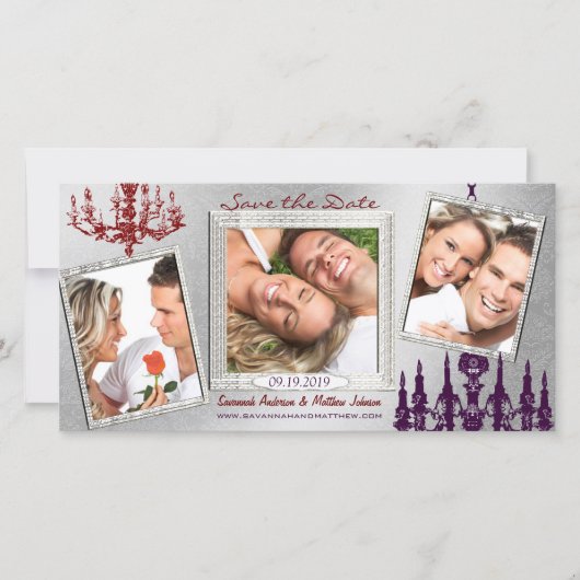 シルバーダマスクシャンデリアレッド&プラム日付を保存 セーブザデート (正面)