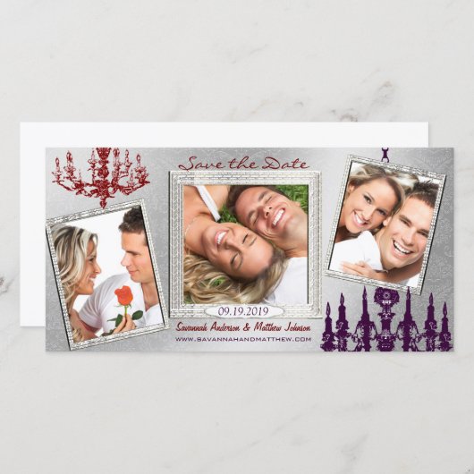 シルバーダマスクシャンデリアレッド&プラム日付を保存 セーブザデート (正面/裏面)