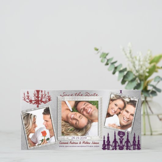 シルバーダマスクシャンデリアレッド&プラム日付を保存 セーブザデート (スタンド正面)