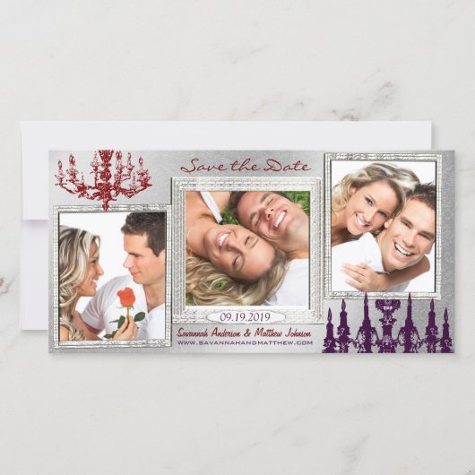 シルバーダマスクシャンデリアレッド&プラム日付を保存 セーブザデート (正面)