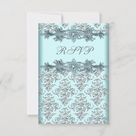 シルバーダマスクティール（緑がかった色）ブルースウィート16誕生日RSVP 出欠カード (正面)