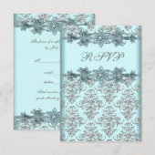 シルバーダマスクティール（緑がかった色）ブルースウィート16誕生日RSVP 出欠カード (正面/裏面)