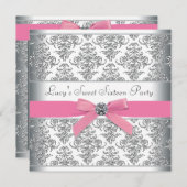 シルバーダマスクピンクSweet sixteen誕生日パーティー 招待状 (正面/裏面)