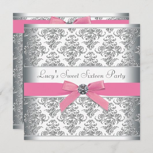 シルバーダマスクピンクSweet sixteen誕生日パーティー 招待状 (正面/裏面)