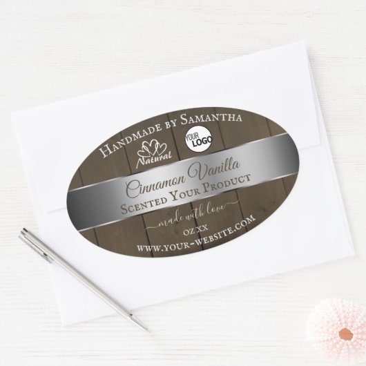 シルバーダークブラウン木目の製品ラベルのロゴ 楕円形シール (封筒)