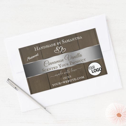 シルバーダークブラウン木目の製品ラベルのロゴ 長方形シール (封筒)