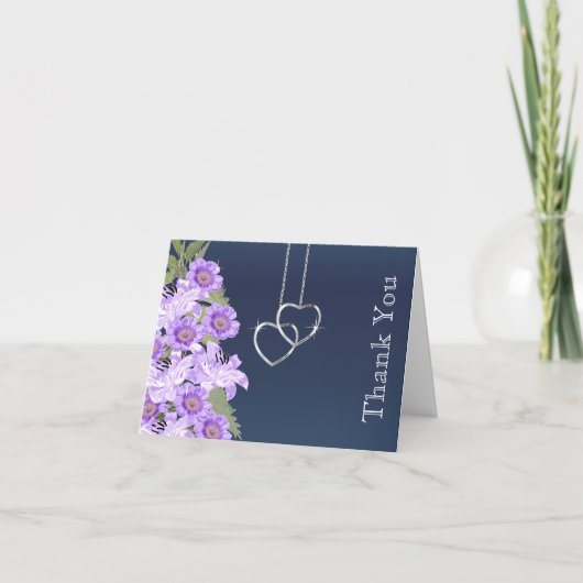 シルバーチェーンハートオンネイビーブルーサテン サンキューカード (正面)