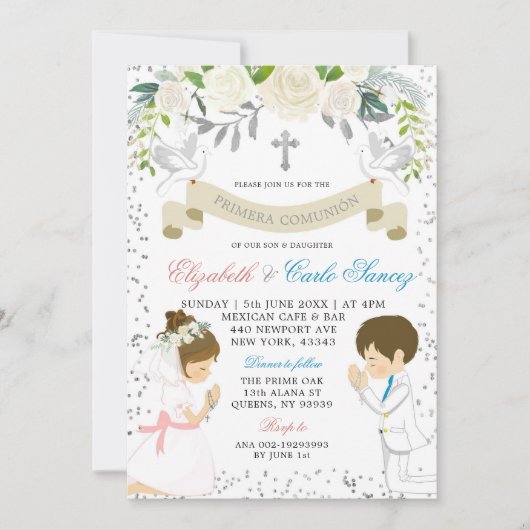 シルバーツインボーイガールクネールファースト聖餐式 招待状 (正面)