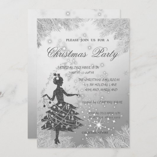 シルバーツリーの枝、女の子の企業のクリスマスパーティー 招待状 (正面/裏面)