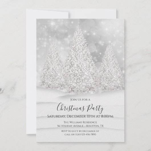 シルバーツリーの雪の冬のシーンのクリスマス 招待状 (正面)