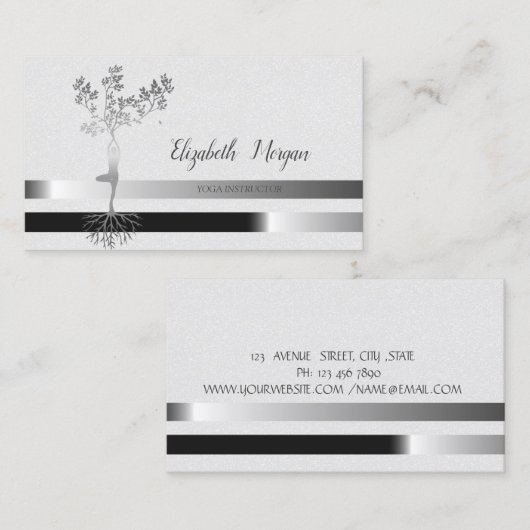 シルバーツリーシルエット、ストライプ、ヨガ 名刺 (正面/裏面)