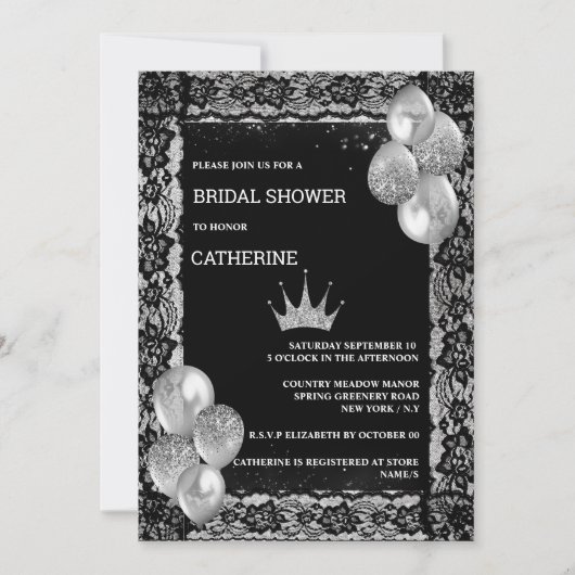 シルバーティアラの黒いレース風エレガント船パーティー  招待状 (正面)