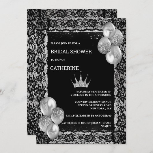 シルバーティアラの黒いレース風エレガント船パーティー  招待状 (正面/裏面)