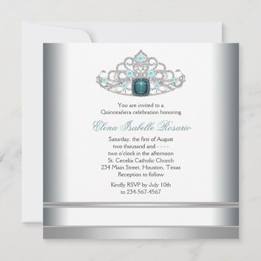 シルバーティアラティール(緑がかった色)ブルーキンセアニェラ 招待状 (裏面)