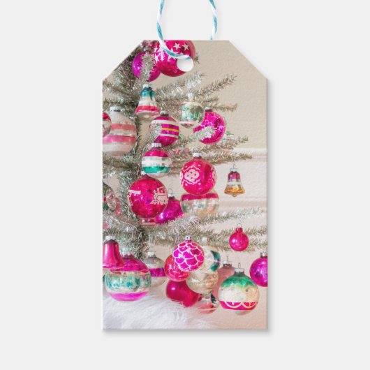 シルバーティンセルツリーとヴィンテージクリスマスオーナメント ギフトタグ (正面)