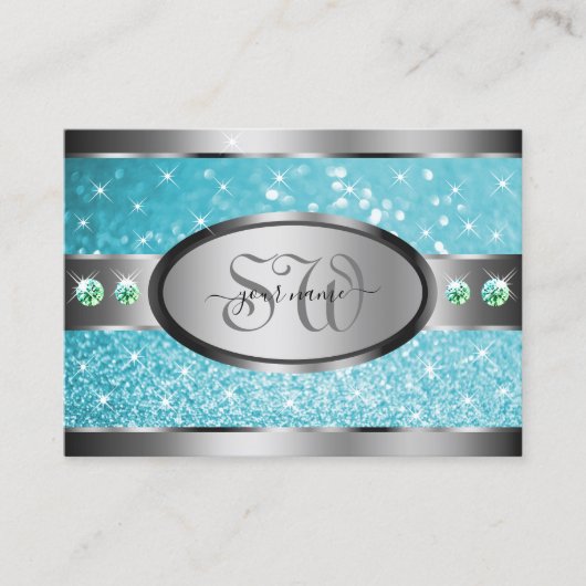 シルバーティール（緑がかった色）グリッタースパークルラインストーンズイニシャル 名刺 (正面)