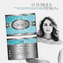 シルバーティール（緑がかった色）グリッタースパークルラインストーンズイニシャル 名刺