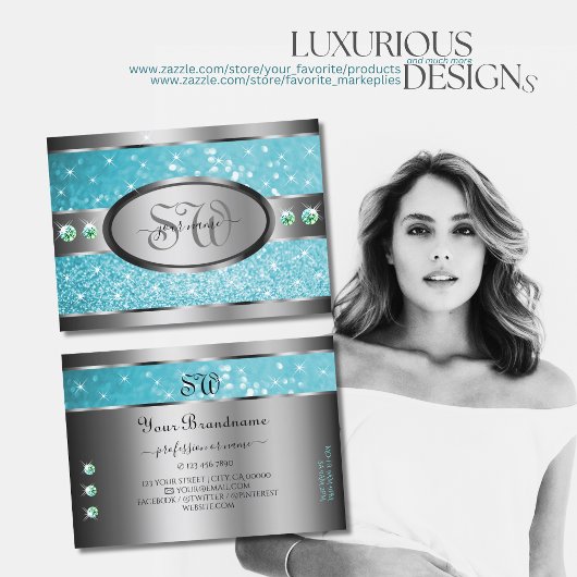 シルバーティール（緑がかった色）グリッタースパークルラインストーンズイニシャル 名刺