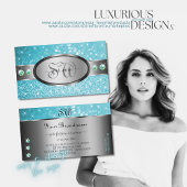 シルバーティール（緑がかった色）グリッタースパークルラインストーンズイニシャル 名刺