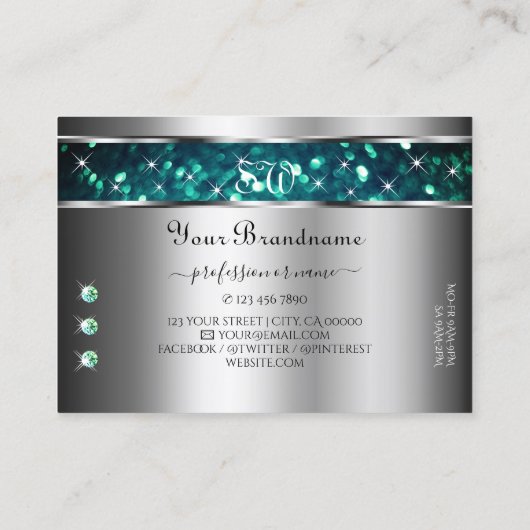 シルバーティール（緑がかった色）グリッタースパークルラインストーンズイニシャル 名刺 (裏面)
