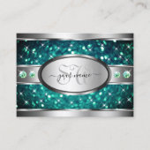 シルバーティール(緑がかった色)グリッタースパークルラインストーンズイニシャル 名刺 (正面)