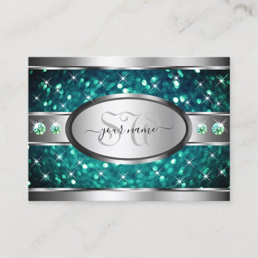 シルバーティール(緑がかった色)グリッタースパークルラインストーンズイニシャル 名刺 (正面)