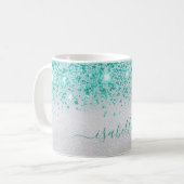 シルバーティール（緑がかった色）グリッタースパークル名スクリプト コーヒーマグカップ (正面左)