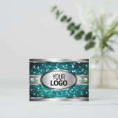 シルバーティール（緑がかった色）グリッタースパークルRhinestones追加ロゴ 名刺 (スタンド正面)