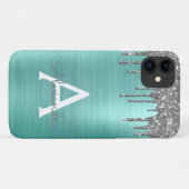 シルバーティール（緑がかった色）グリッターブラシメタルモノグラム名 Case-Mate iPhoneケース (裏面(横))
