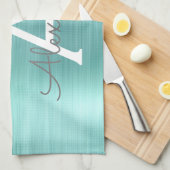 シルバーティール（緑がかった色）グリッターブラッシュドメタルモノグラム名 キッチンタオル (四つ折り)