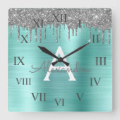 シルバーティール（緑がかった色）グリッターブラッシュドメタルモノグラム名 スクエア壁時計 (正面)
