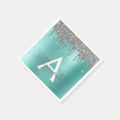 シルバーティール(緑がかった色)グリッターブラッシュドメタルモノグラム名 スタンダードカクテルナプキン (角)