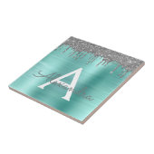 シルバーティール(緑がかった色)グリッターブラッシュドメタルモノグラム名 タイル (側面)