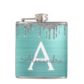 シルバーティール(緑がかった色)グリッターブラッシュドメタルモノグラム名 フラスク (正面)