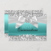 シルバーティール(緑がかった色)グリッター&ジュエルボウキンセアニェラRSVP 出欠カード (正面/裏面)