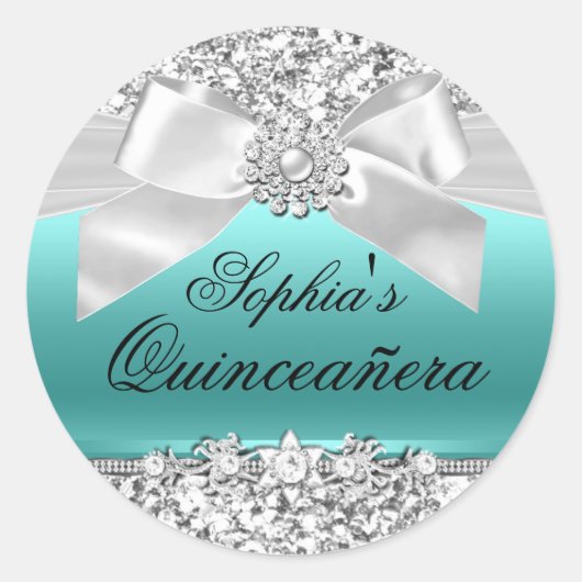シルバーティール（緑がかった色）グリッター&ジュエルボウステッカー ラウンドシール (正面)