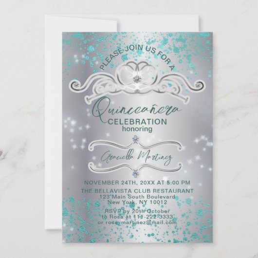 シルバーティール(緑がかった色)ジュエリドティアラキンセアニラ招待状 招待状 (正面)