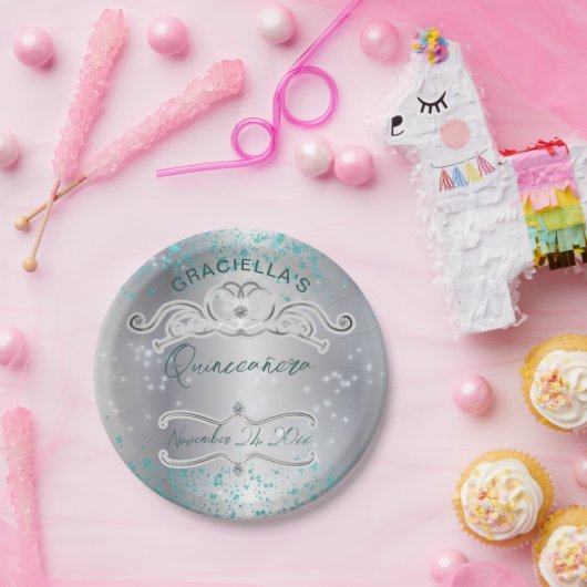 シルバーティール（緑がかった色）ジュエリドティアラキンセアニラ ペーパープレート (パーティー)