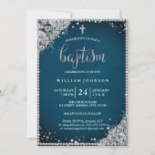 シルバーティール（緑がかった色）ダイヤモンドレースクロスバプテスマ招待状 招待状 (正面)