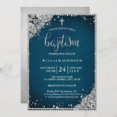 シルバーティール(緑がかった色)ダイヤモンドレースクロスバプテスマ招待状 招待状 (正面/裏面)