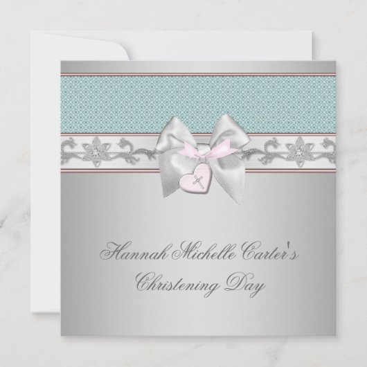 シルバーティール(緑がかった色)ピンクガールズ《キリスト教》洗礼式や命名式 招待状 (正面)
