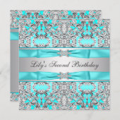 シルバーティール（緑がかった色）ブルーガールズバースデーパーティー招待状 招待状 (正面/裏面)