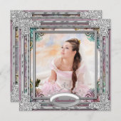 シルバーティール(緑がかった色)ブルーコーラルピンクフォトキンセアニェラ 招待状 (正面/裏面)