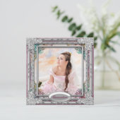 シルバーティール(緑がかった色)ブルーコーラルピンクフォトキンセアニェラ 招待状 (スタンド正面)