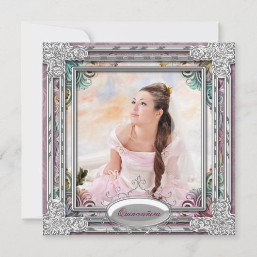 シルバーティール(緑がかった色)ブルーコーラルピンクフォトキンセアニェラ 招待状 (正面)