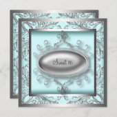 シルバーティール(緑がかった色)ブルースウィート16バースデーパーティー 招待状 (正面/裏面)