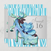 シルバーティール(緑がかった色)ブルーゼブラスウィート16バースデーパーティー 招待状 (正面/裏面)
