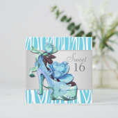 シルバーティール(緑がかった色)ブルーゼブラスウィート16バースデーパーティー 招待状 (スタンド正面)