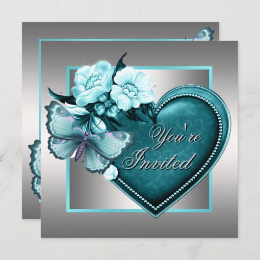 シルバーティール(緑がかった色)ブルーハートバタフライティール(緑がかった色)ブルーパーティー 招待状 (正面/裏面)